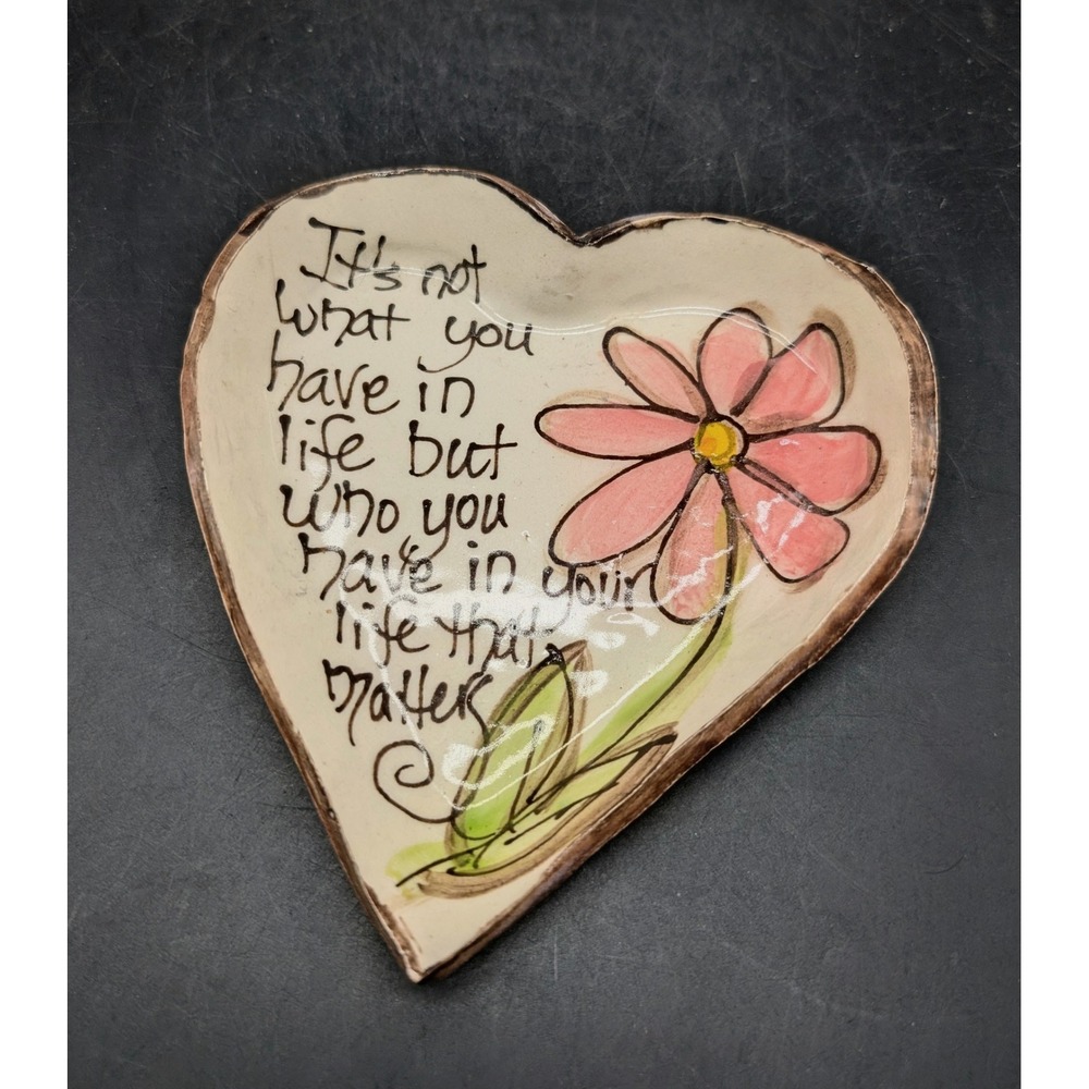 Handmade Ceramic Heart Trinket Dish Pink Daisy Inspirational Quote Signed 5"